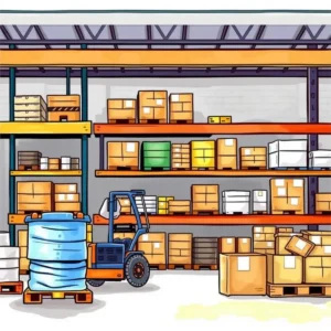 Warehouse shelves stocked with equipment for inventory management.