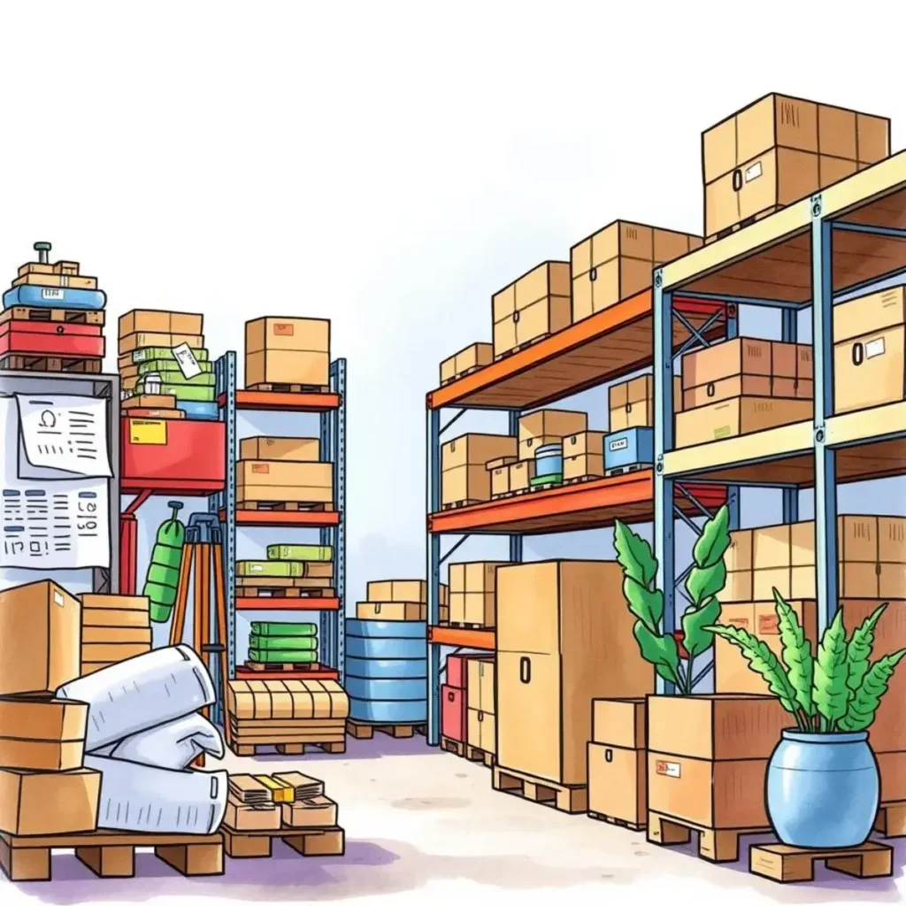 Inventory report generator: Automatically create detailed inventory reports 1 Colorful warehouse interior with organized shelves and inventory items.