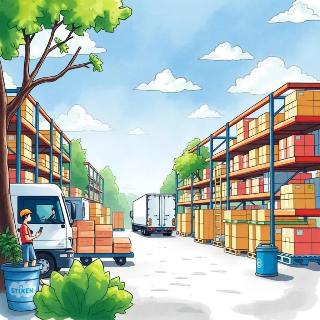 Inventory reporting generator: Create reports on stock levels and trends 1 Illustration of a busy warehouse with trucks and organized inventory.