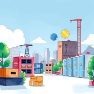 Colorful illustration of a warehouse with containers and a skyline, representing asset tracking and inventory.