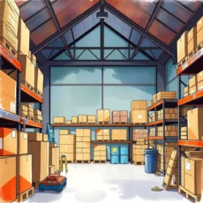 A well-organized storage area featuring stacked boxes, shelves, and inventory management tools.