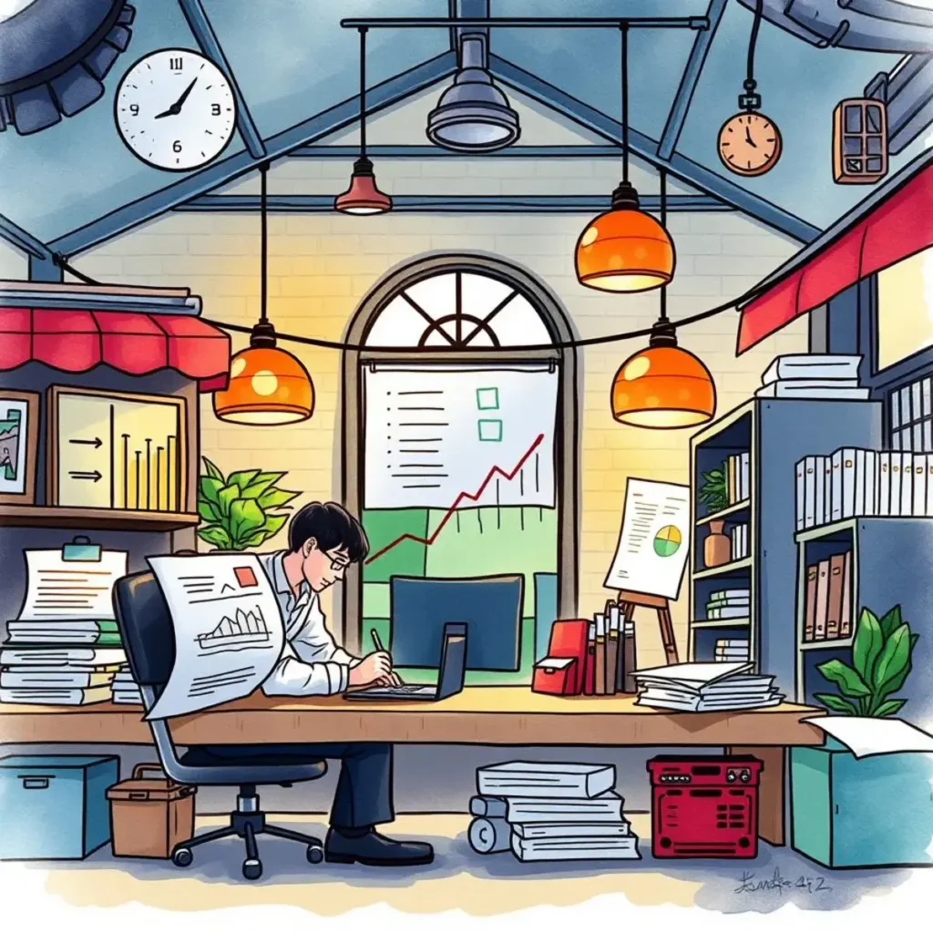Investment efficiency calculator: Assess efficiency of investment options 1 Efficiently working individual analyzing data in an office with charts and documents surrounding him