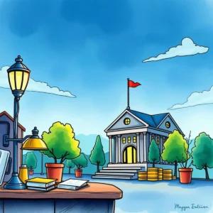 A cozy outdoor scene featuring a desk and a government building, symbolizing investment discussions.