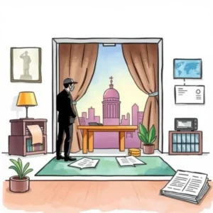 @Regulatory language simplifier: Convert complex regulations into simpler terms 2 Professional evaluating documents with a city skyline in the background.