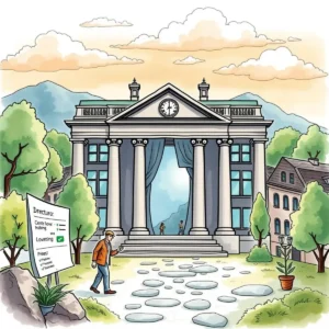 Person walking towards a grand building, symbolizing stakeholder engagement in finance.