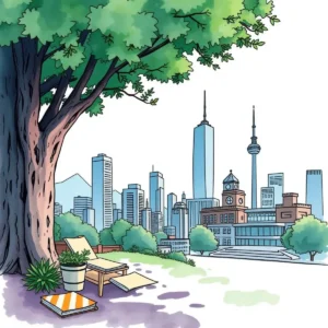 A serene urban scene depicting a city skyline with investment proposal tools.