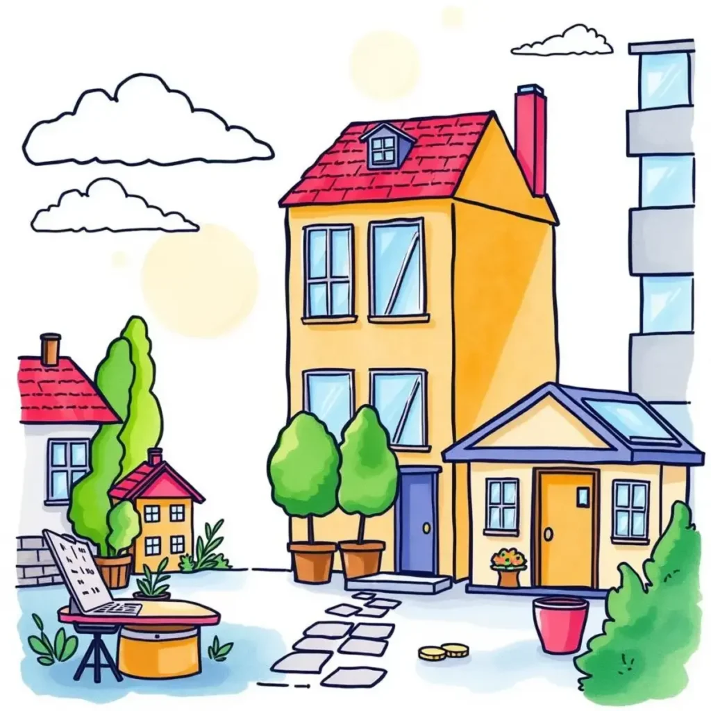 Investment strategy designer: Formulate investment plans based on provided goals 1 A vibrant illustration of diverse houses surrounded by greenery and furniture for real estate strategy planning.