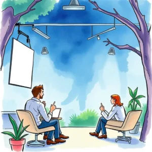 Two professionals discussing investor insights in a modern meeting space.