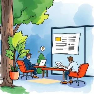 Investors collaborating in an outdoor office setting, reviewing feedback summaries on a document.