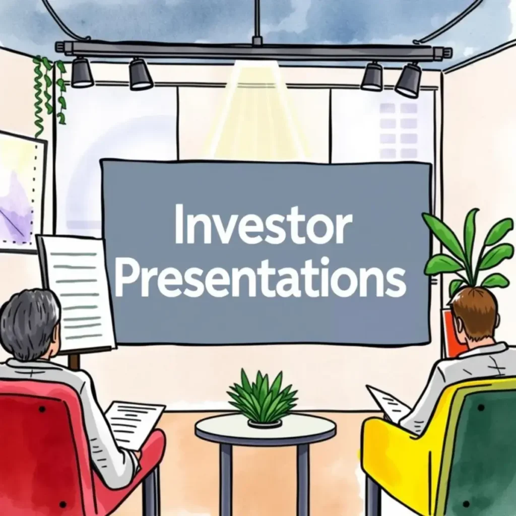 Presentation text generator: Create engaging slide text easily 1 Two professionals preparing for investor presentations in an office.