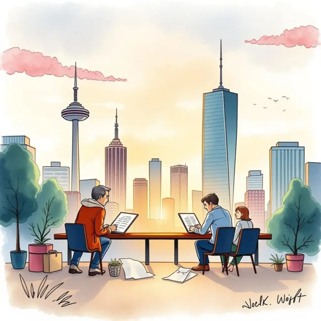 Investor question responder: Tailor answers for investor-related questions 1 Professionals collaborating on investor inquiries with city skyline backdrop.