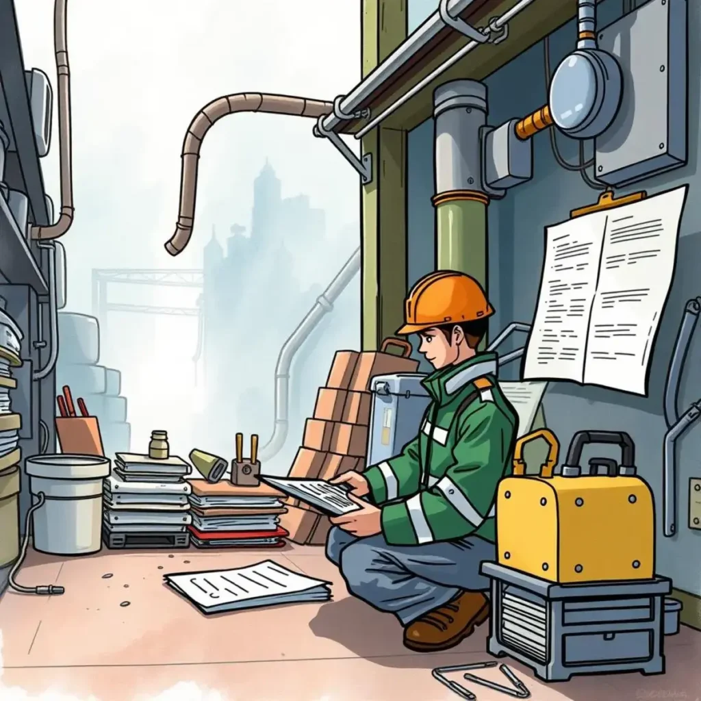 Issue identification report builder: Assemble reports detailing identified engineering issues 1 Quality control engineer reviewing reports in an industrial workspace.