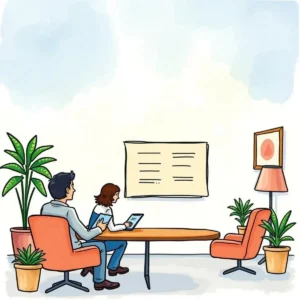 Two professionals discussing client follow-ups in an office setting.