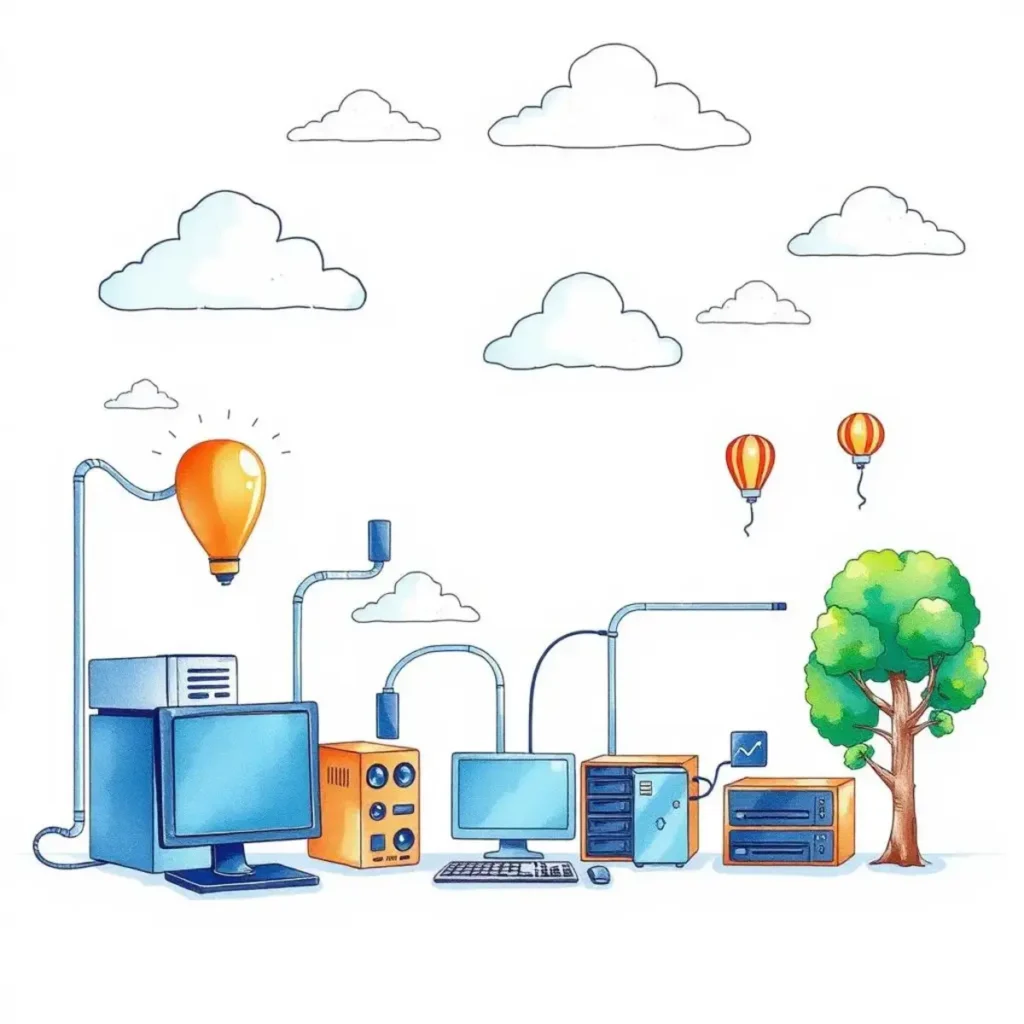 It resource seeker: Assist in locating IT resources easily 1 A colorful illustration of IT equipment like computers and servers, symbolizing resource management.