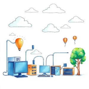 A colorful illustration of IT equipment like computers and servers, symbolizing resource management.