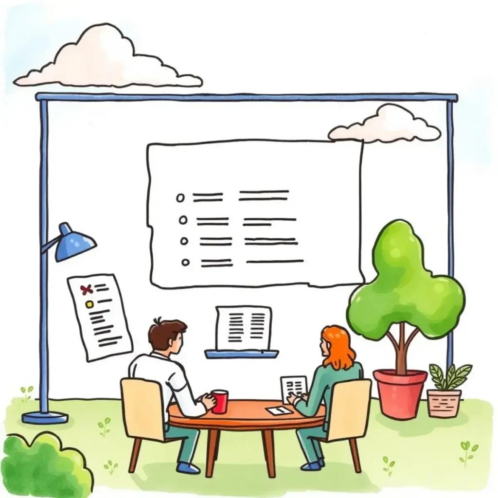 Job category descriptor: Generate job category descriptions for any role 1 Two professionals discussing job categories in a collaborative outdoor workspace.