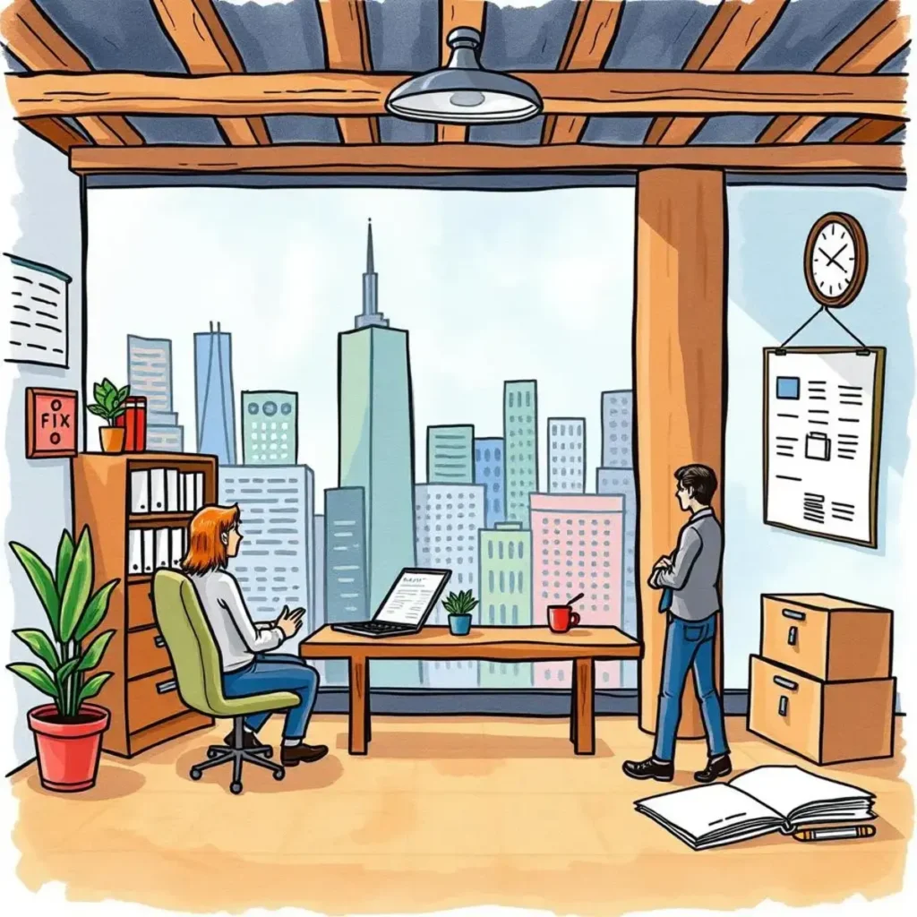 Job market trend reporter: Summarize current trends in job openings 1 A professional workspace showing two individuals discussing job market trends with a city view.