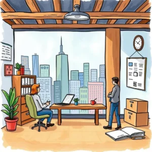 Job market trend reporter: Summarize current trends in job openings 4 A professional workspace showing two individuals discussing job market trends with a city view.