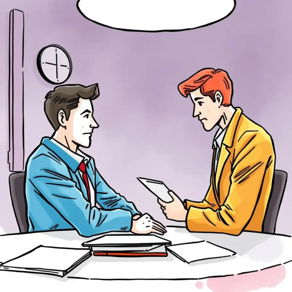 Benefit package customizer: Tailor benefit options for specific candidates 1 Two professionals discussing benefit options during a job offer negotiation.