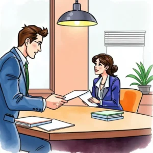 Two professionals discussing contract clauses at a negotiation table.