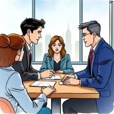 Job candidates and recruiters discussing a job offer at a table in a bright office setting.
