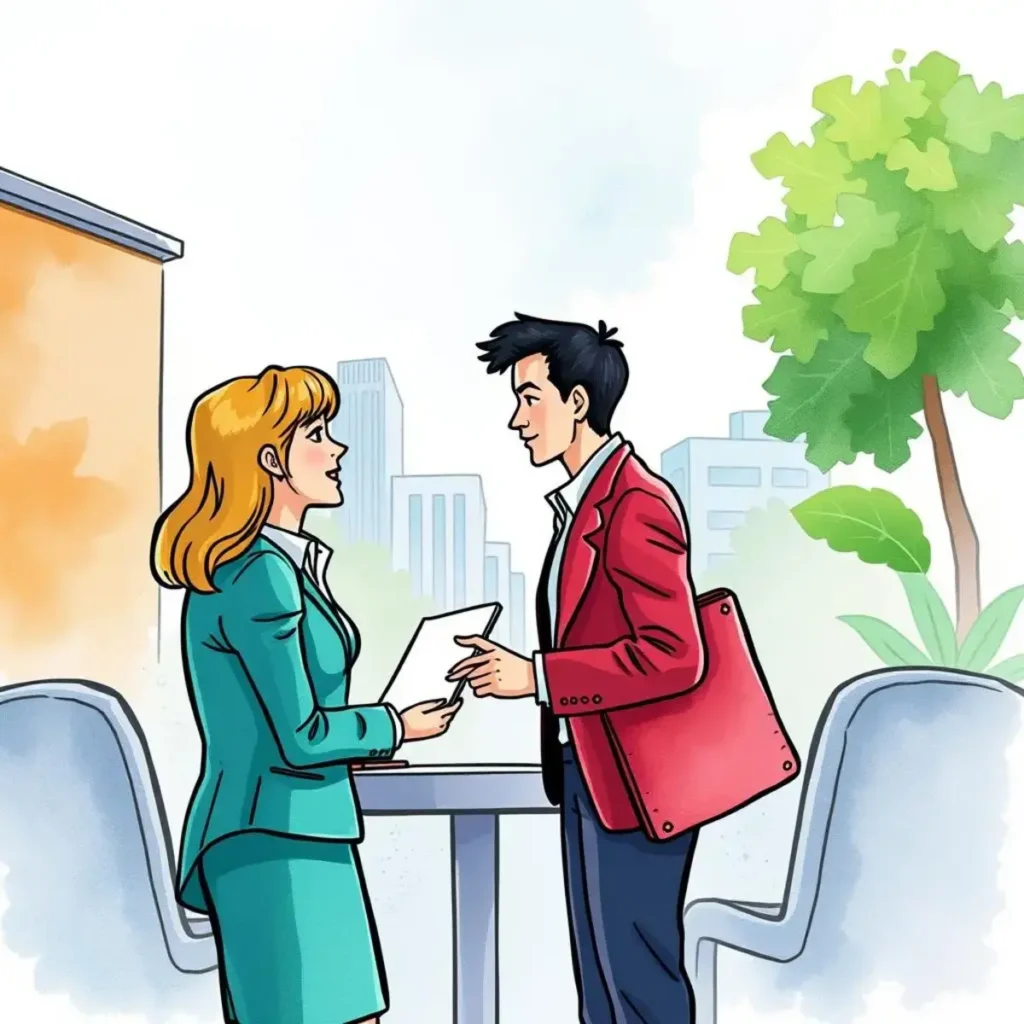 Negotiation strategy builder: Generate negotiation tactics for final offers 1 Two professionals discussing job offer negotiation strategies outdoors.