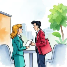 Two professionals discussing job offer negotiation strategies outdoors.