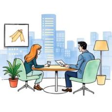 Two professionals discussing job offers at a negotiation meeting.