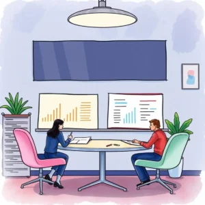 Salary Benchmarking Assistant meeting with charts and analysis in a modern office setting.
