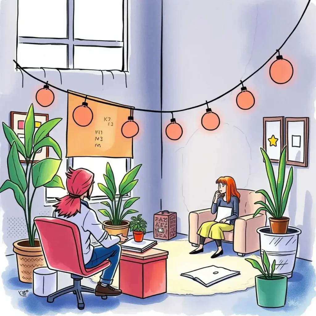 Inquiry responder: Generate clear answers for applicant questions 1 Inquiry Responder in a cozy office setting, featuring two individuals engaged in discussion among plants.