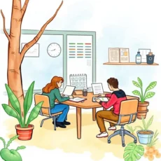 Two colleagues collaborate on project schedules in an office.