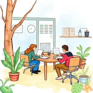 Two colleagues collaborate on project schedules in an office.