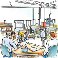 Team collaborating in a manufacturing setting during a kaizen event.