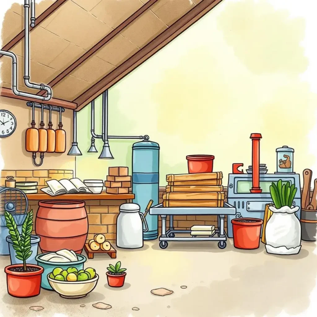 Kaizen suggestion generator: Generate continuous improvement ideas instantly 1 A workshop filled with various tools, plants, and materials for process optimization and creativity.