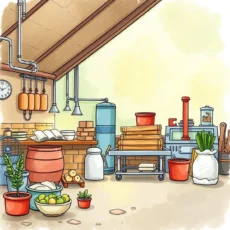 A workshop filled with various tools, plants, and materials for process optimization and creativity.
