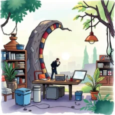 A creative workspace blending nature and technology for training assessments.