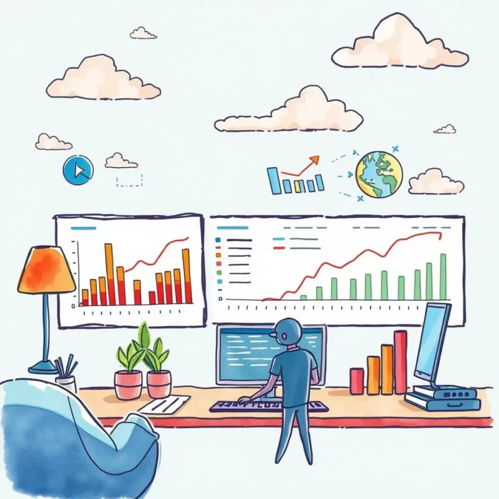Kpi assessment summarizer: Generate concise summaries of KPI data trends 1 KPI Assessment Summarizer tool visualizing performance data trends on screens in a corporate setting.