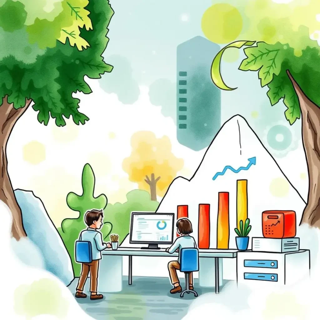 Gathering KPIs with analysts in a vibrant, nature-inspired workspace.