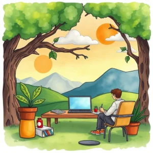 A person working on a laptop outdoors in a serene landscape, illustrating creativity and productivity.