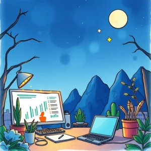 Sales-focused workspace with data analysis tools and nature backdrop.