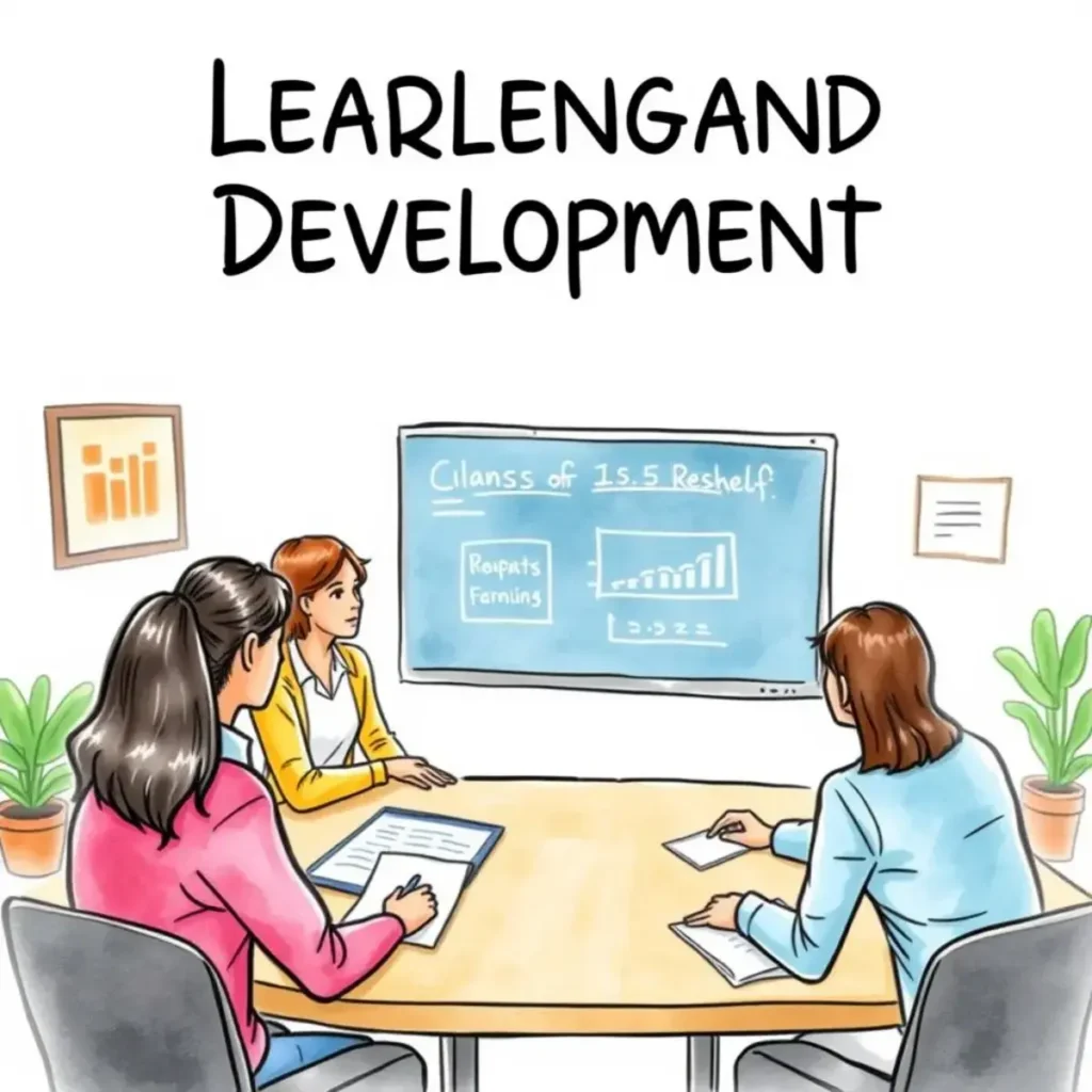 Three professionals discussing training outcomes in a leadership development meeting.