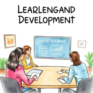 Three professionals discussing training outcomes in a leadership development meeting.