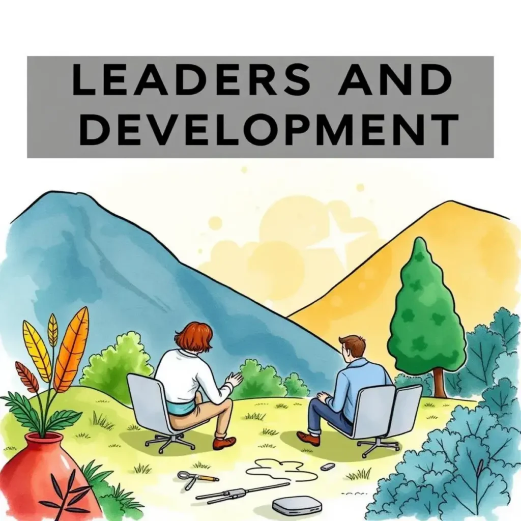 Leadership content creator: Generate engaging leadership training materials automatically 1 Illustration of two professionals discussing leadership development in nature.