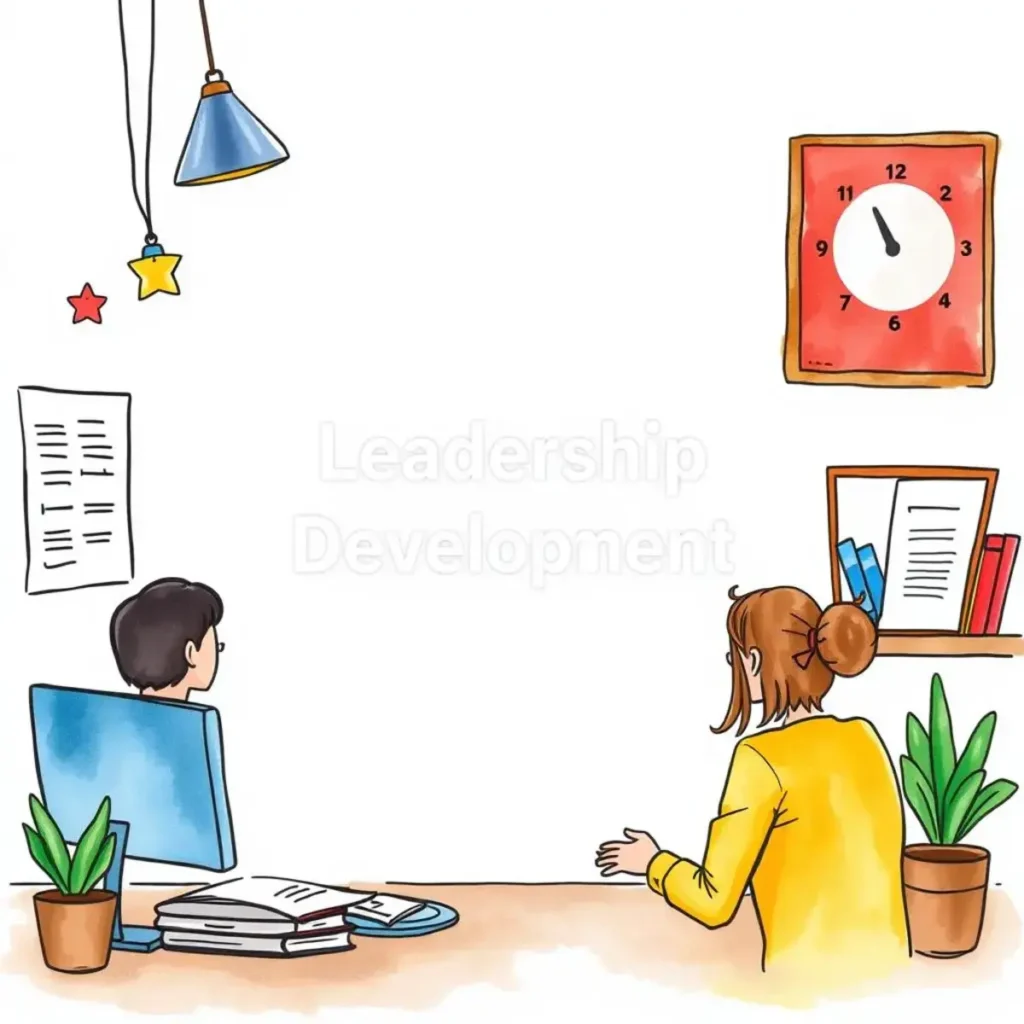 Leadership content generator: Create engaging training materials for leaders 1 Two colleagues discussing leadership development strategies in a bright office.