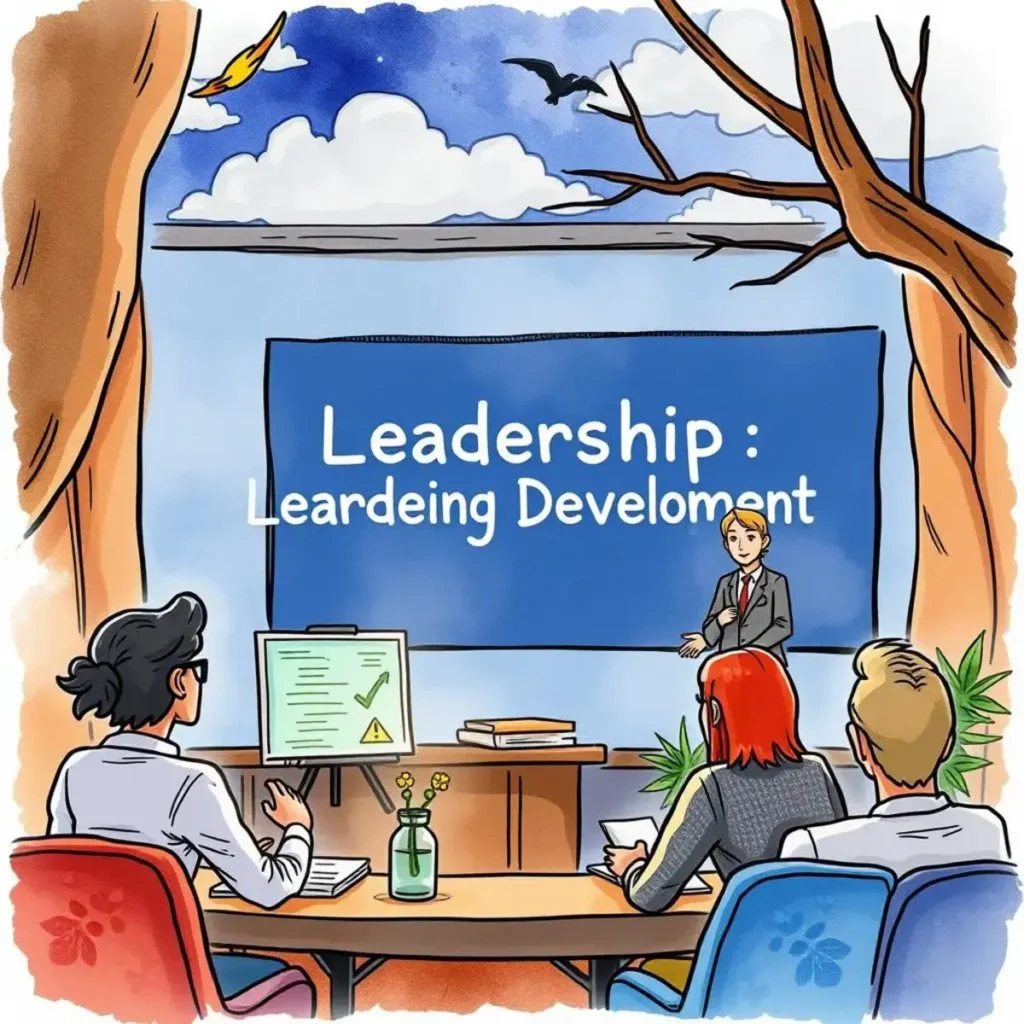 Leadership storyteller: Create compelling narratives for leadership presentations 1 Leadership presentation scene in a light-filled room focused on Leadership Development.