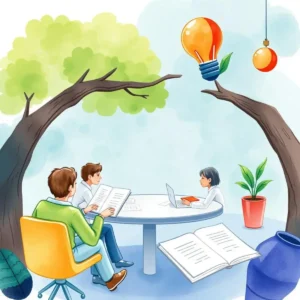 A group of professionals collaborates in a creative workspace, discussing leadership assessment strategies.