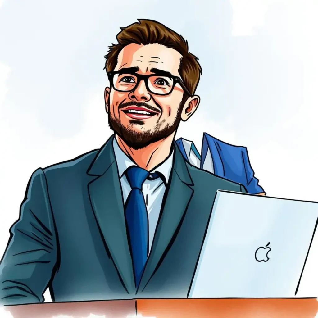 Role-playing scenario creator: Generate realistic training scenarios for leaders 1 Professional smiling man at a laptop, embodying leadership training concepts.