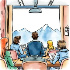Team collaborating on leadership feedback insights with mountain backdrop.
