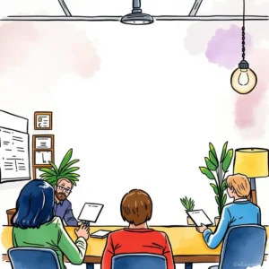 Group of professionals collaborating on a leadership workshop outline.