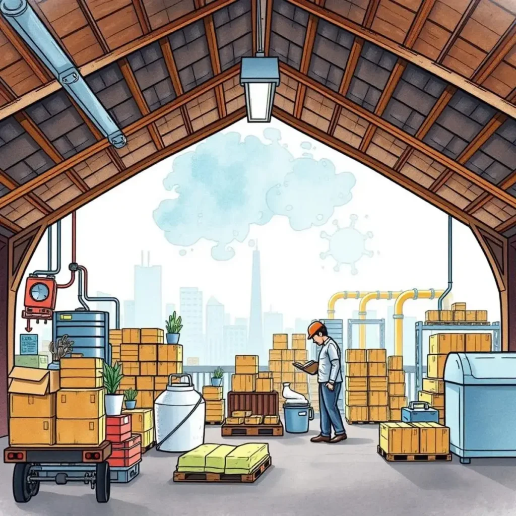 Lean inventory planner: Optimize inventory levels for lean operations 1 Optimizing inventory in a spacious warehouse with boxes and a worker analyzing records visually.